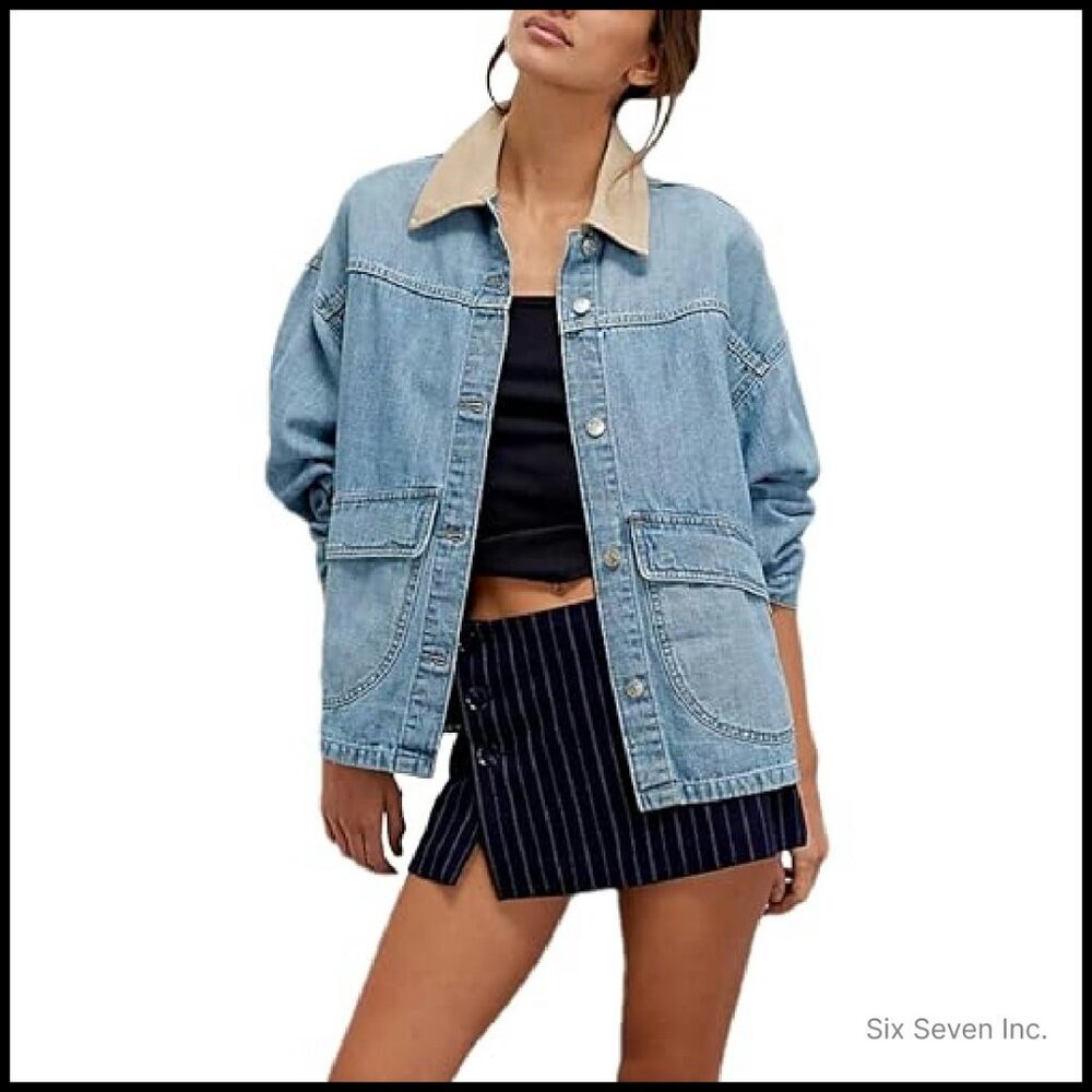 Oversized Denim Jacket Classic Y2K Chic Button Down Contrast Trim Outerwear - Picture 2 of 5
